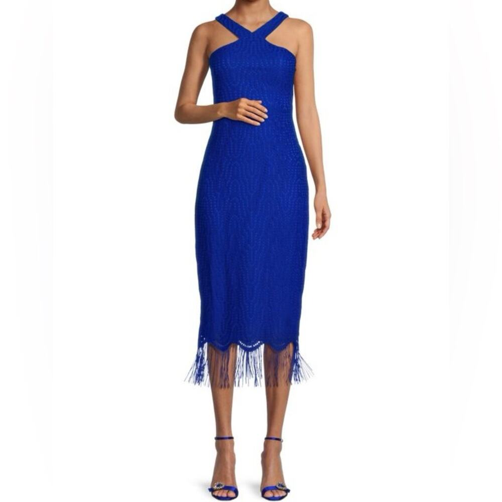 GUESS Halter Fringe Sheath Dress Cobalt Blue Women’s Sz 14 NWT